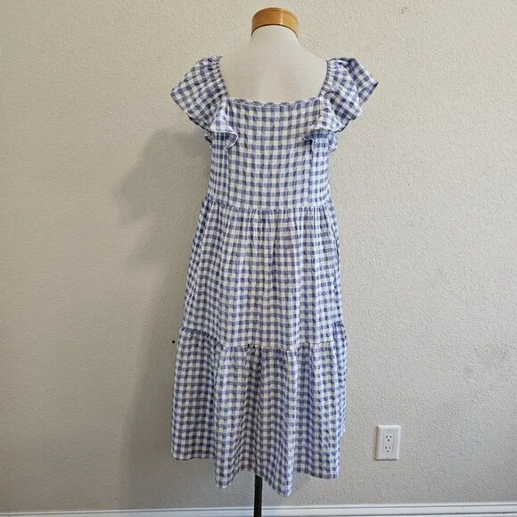 Calista Tiered Gingham Checked Midi Dress w/Pockets Blue Cottagecore Modest S - Picture 5 of 12